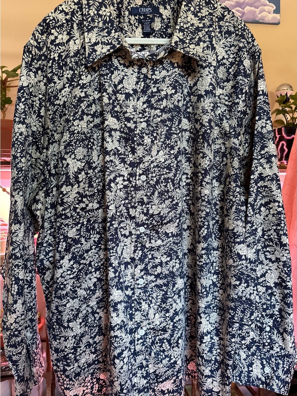 Chaps Navy and Cream Floral Button-Down Shirt